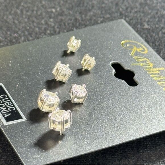 Raphael Silver Tome Set of 3 Pairs CZ Solitaire Post Earrings Round - Picture 6 of 6